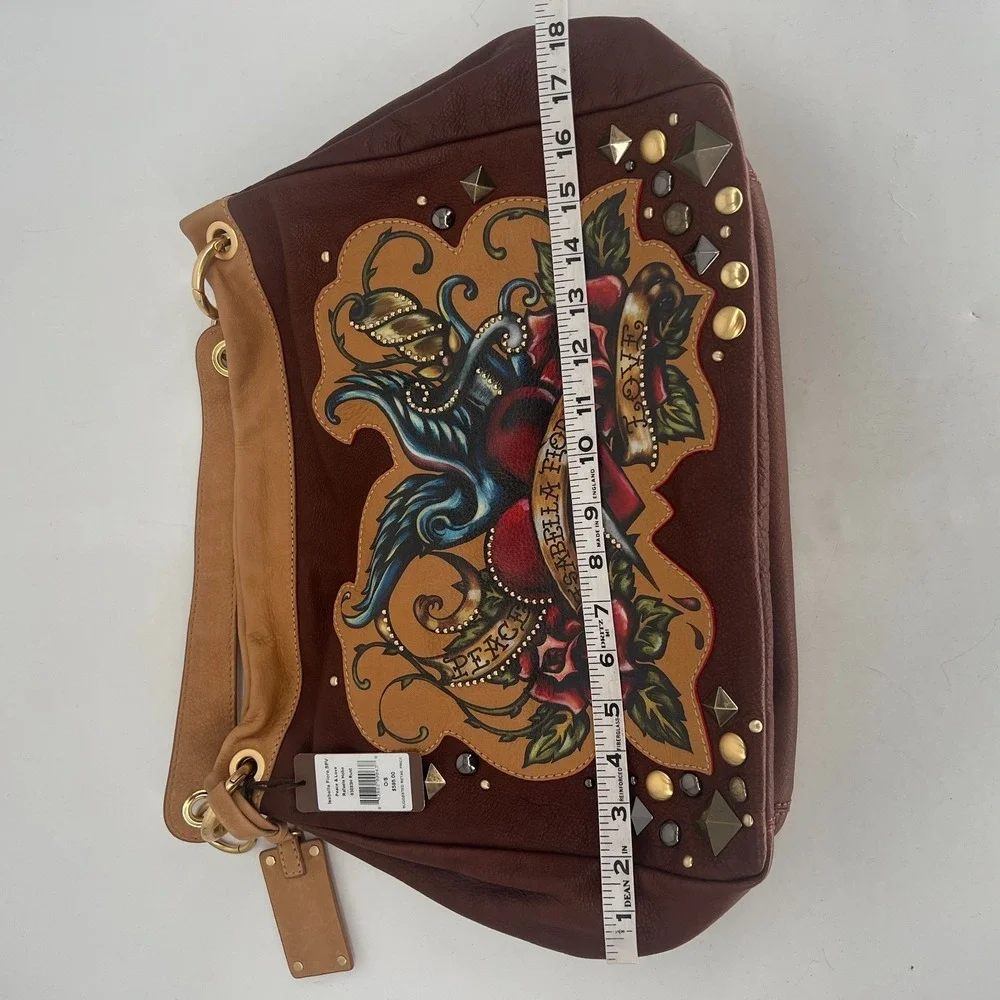 Vtg Isabella Fiore Peace & Love Rafaela Hobo Brown‎ Handbag Leather Y2K Tattoo